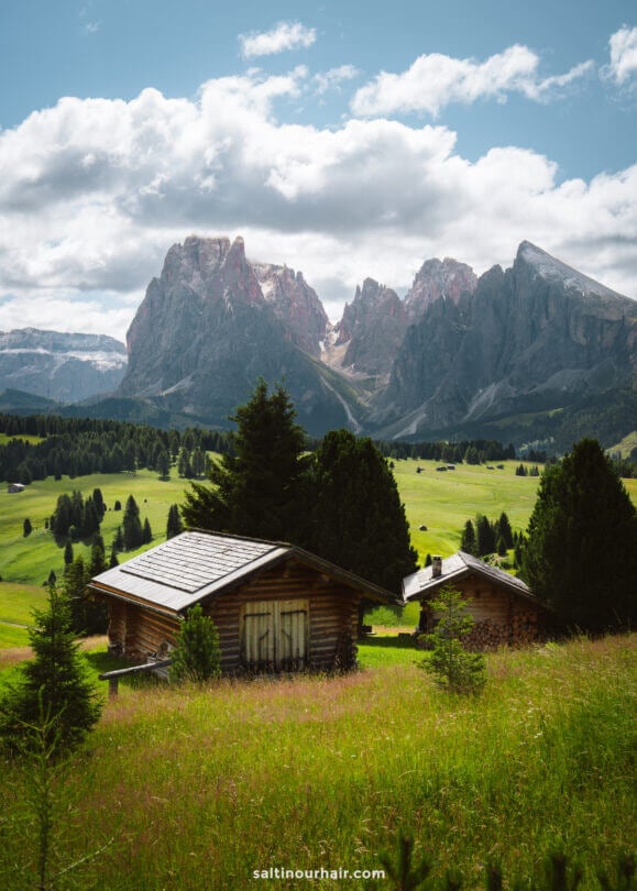 Two small wooden cabins sit in a grassy meadow with scattered trees, set against dramatic, rocky mountains of alpe di siusi under a partly cloudy sky—perfect for anyone seeking things to do in the Dolomites.