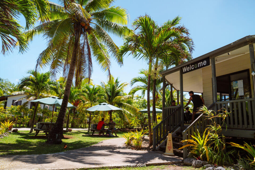 A restaurant with a porch sits among palm trees, picnic tables, and green umbrellas on a sunny day, capturing the relaxed charm of Aitutaki island, cook islands