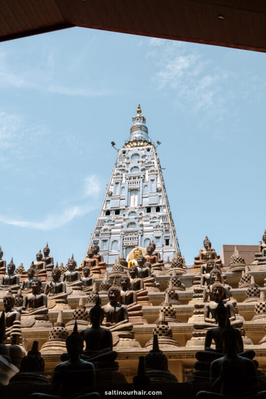 A tall temple tower with intricate carvings rises behind numerous Buddha statues at Gangaramaya Temple in Colombo.