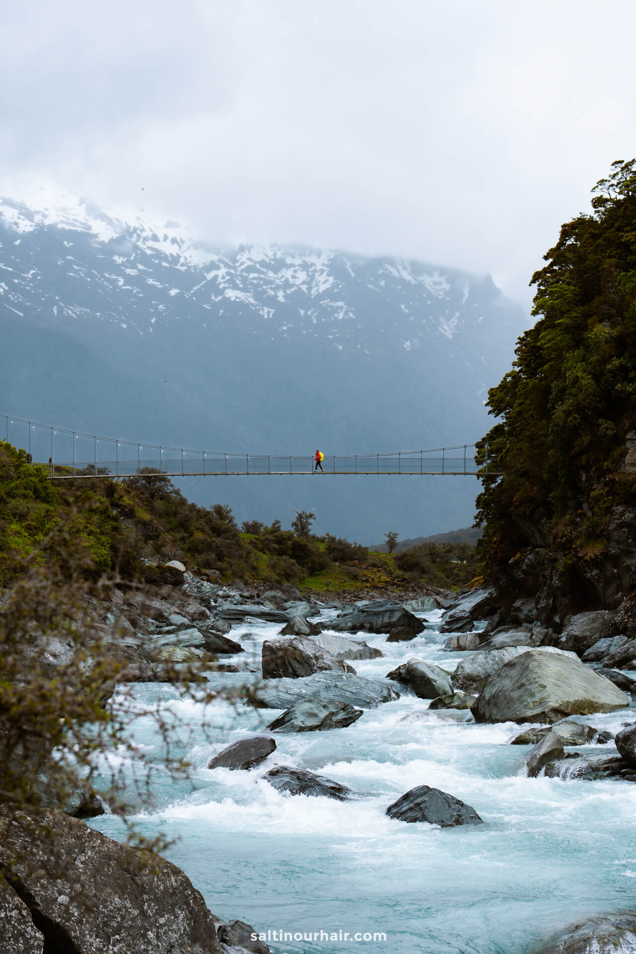 A person in a yellow jacket stands on a suspension bridge over a fast-flowing river along the scenic Rob Roy Track, with mountains and a cloudy sky in the background.