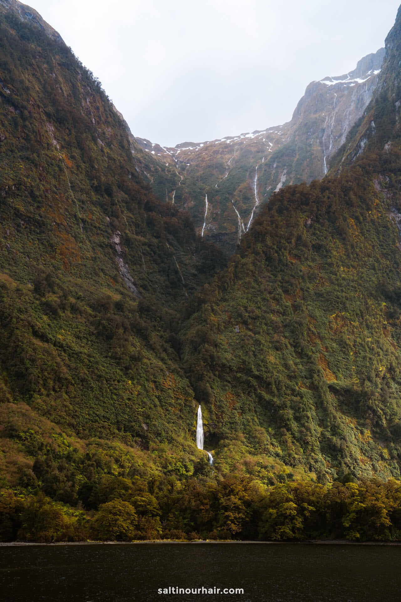 A tall waterfall flows down a lush green mountain valley with steep cliffs and sparse snow on the peaks, under an overcast sky in Doubtful Sound, New Zealand.