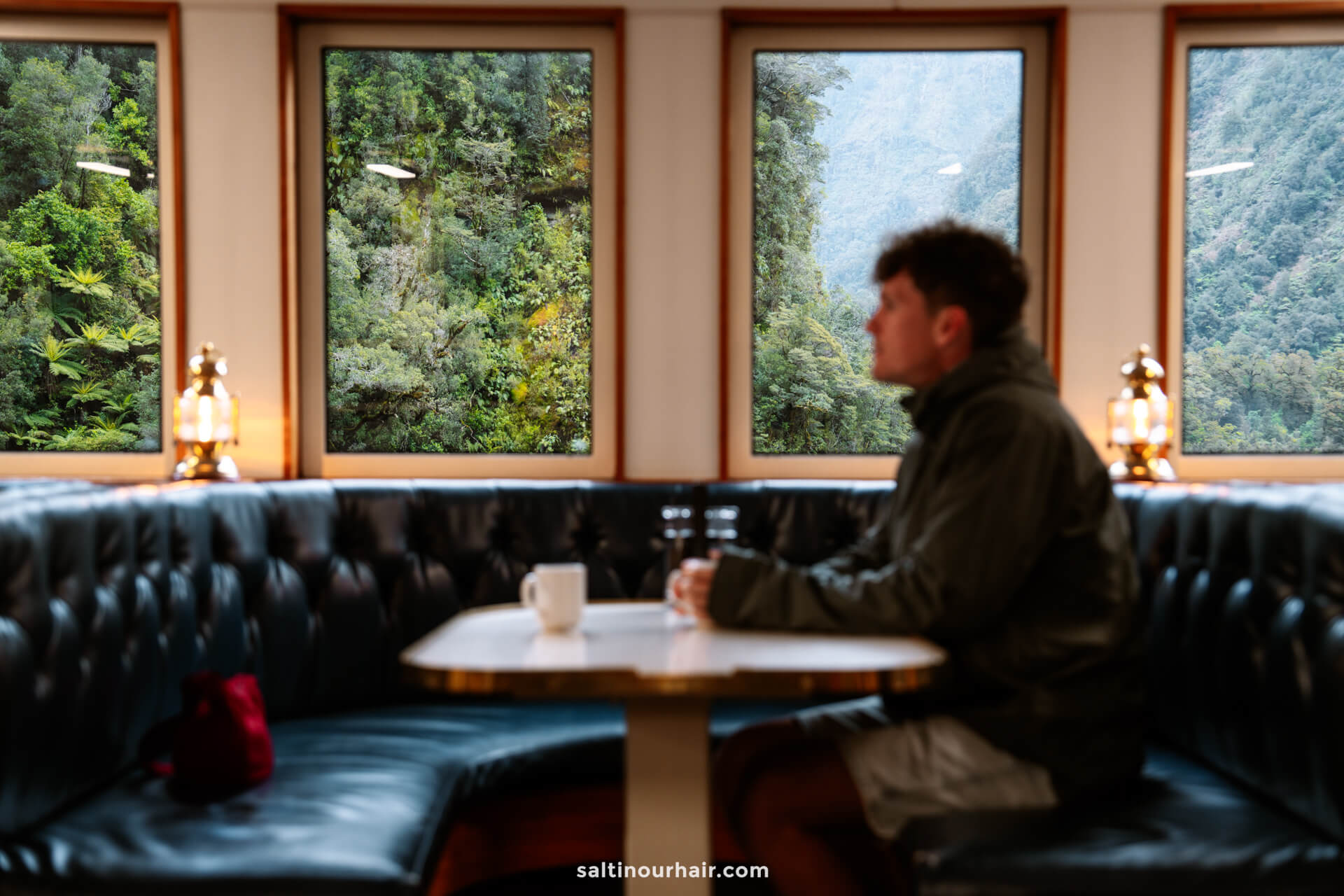 A person sitting alone at a table in a booth with a mug, inside a room with large windows showing a forested landscape outside. the interior of the overnight cruise ship in doubtful sound new zealand