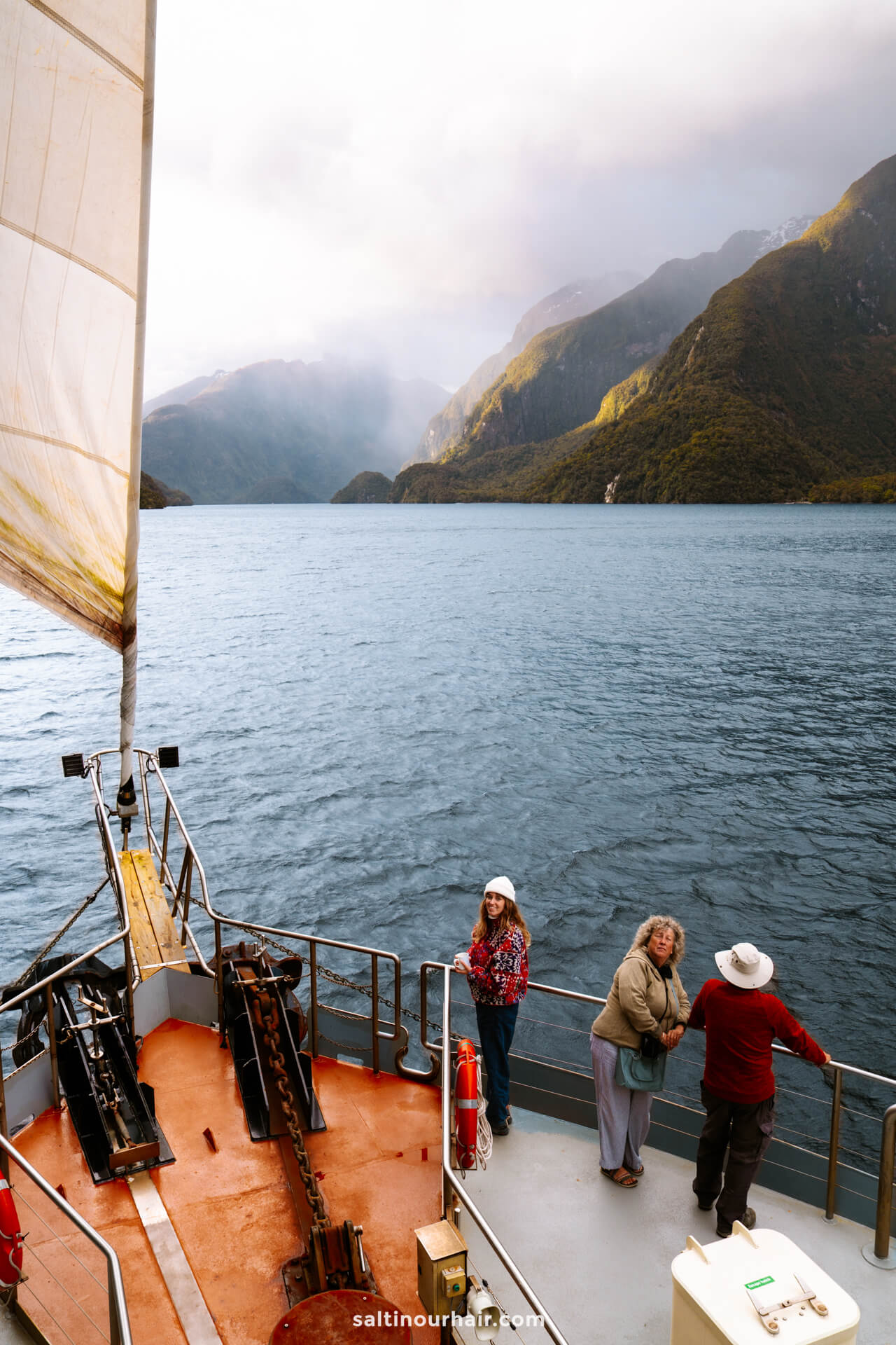 Three people stand on the deck of a boat during an overnight cruise, sailing through Doubtful Sound, New Zealand, surrounded by majestic mountains beneath a cloudy sky.