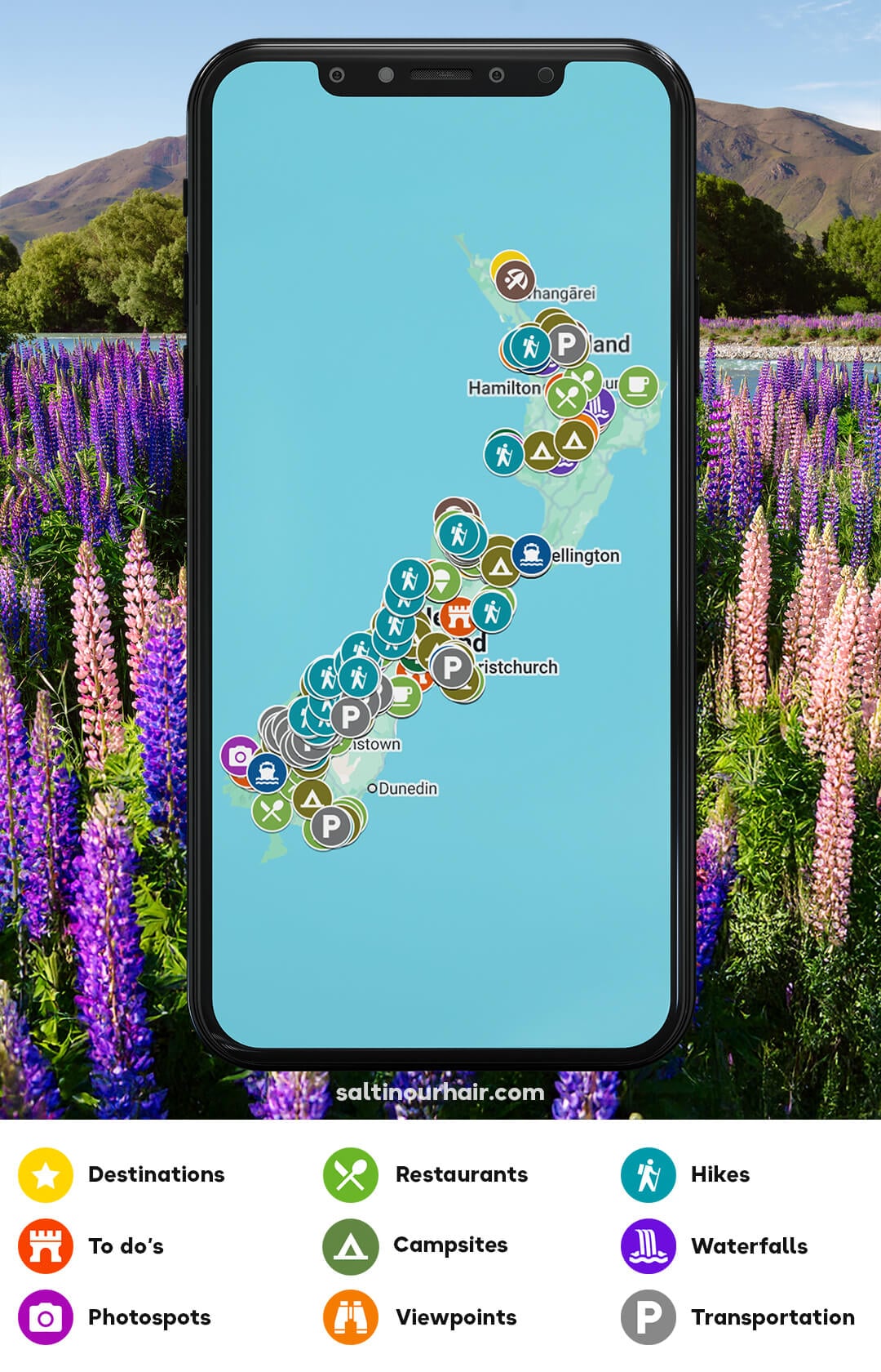 A smartphone displays a map of New Zealand with icons for destinations, restaurants, hikes, campsites, waterfalls, transportation, and viewpoints, set against a field of colorful flowers.