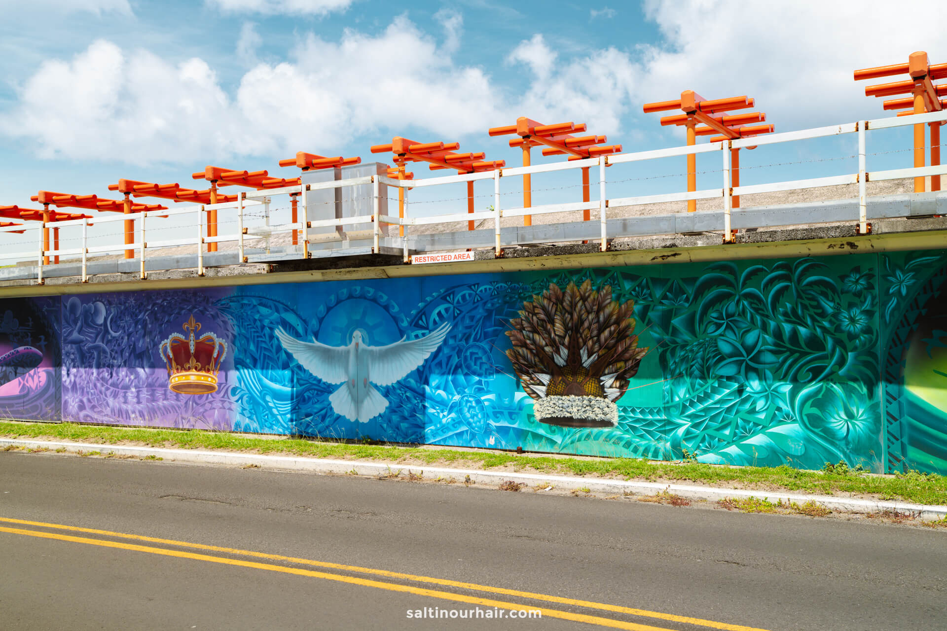 A colorful mural on a wall beneath a bridge in Rarotonga features a crown, a white dove, and a tree, with orange railings above and a road in front&mdash;one of the unique things to do Rarotonga has to offer for art lovers.