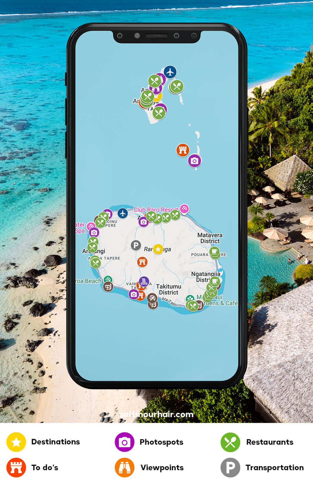 A smartphone displays a map with icons for destinations, to-dos, viewpoints, transportation, restaurants, and photo spots, overlaid on a tropical beach background.