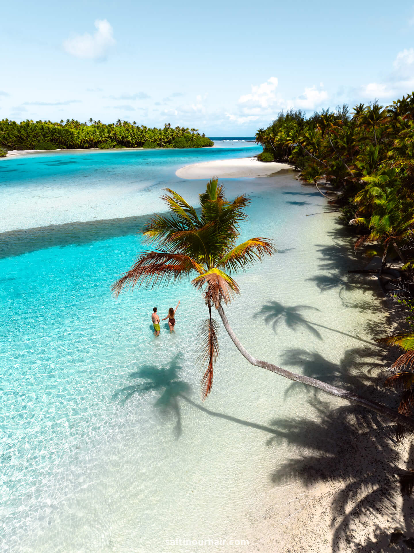 Two people stand in clear, shallow turquoise water near a leaning palm tree on the tropical one foot islands in Aitutaki, cook islands