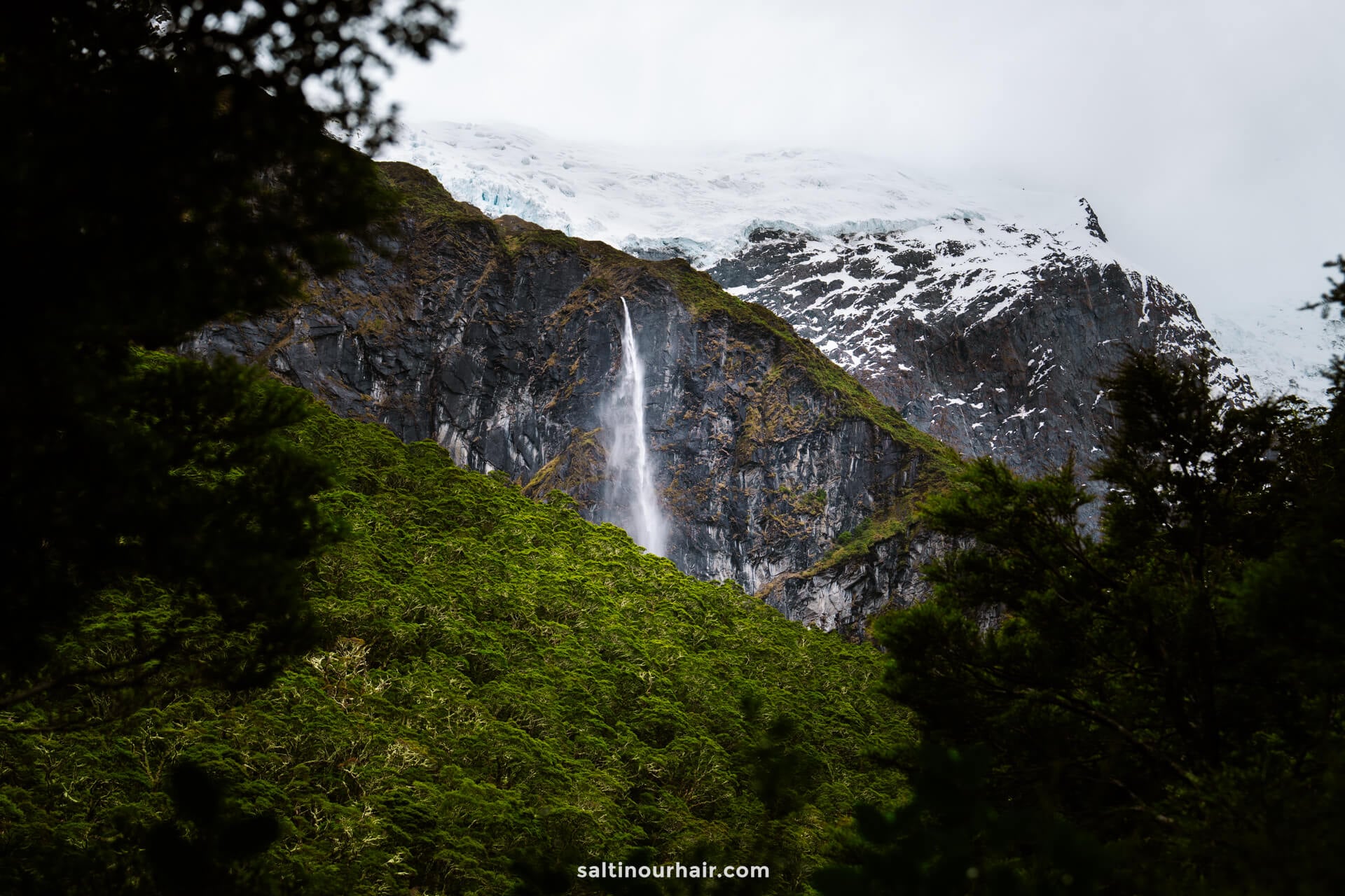 A tall waterfall cascades down a rocky mountain face along the Rob Roy Track in New Zealand, surrounded by green forest, with a snow-capped peak in the background under a cloudy sky.