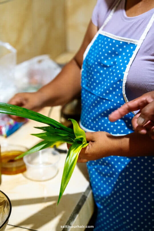 Person in a blue polka dot apron holds pandan leaves in a kitchen, preparing ingredients and utensils, just like during a Bali cultural tour cooking experience.