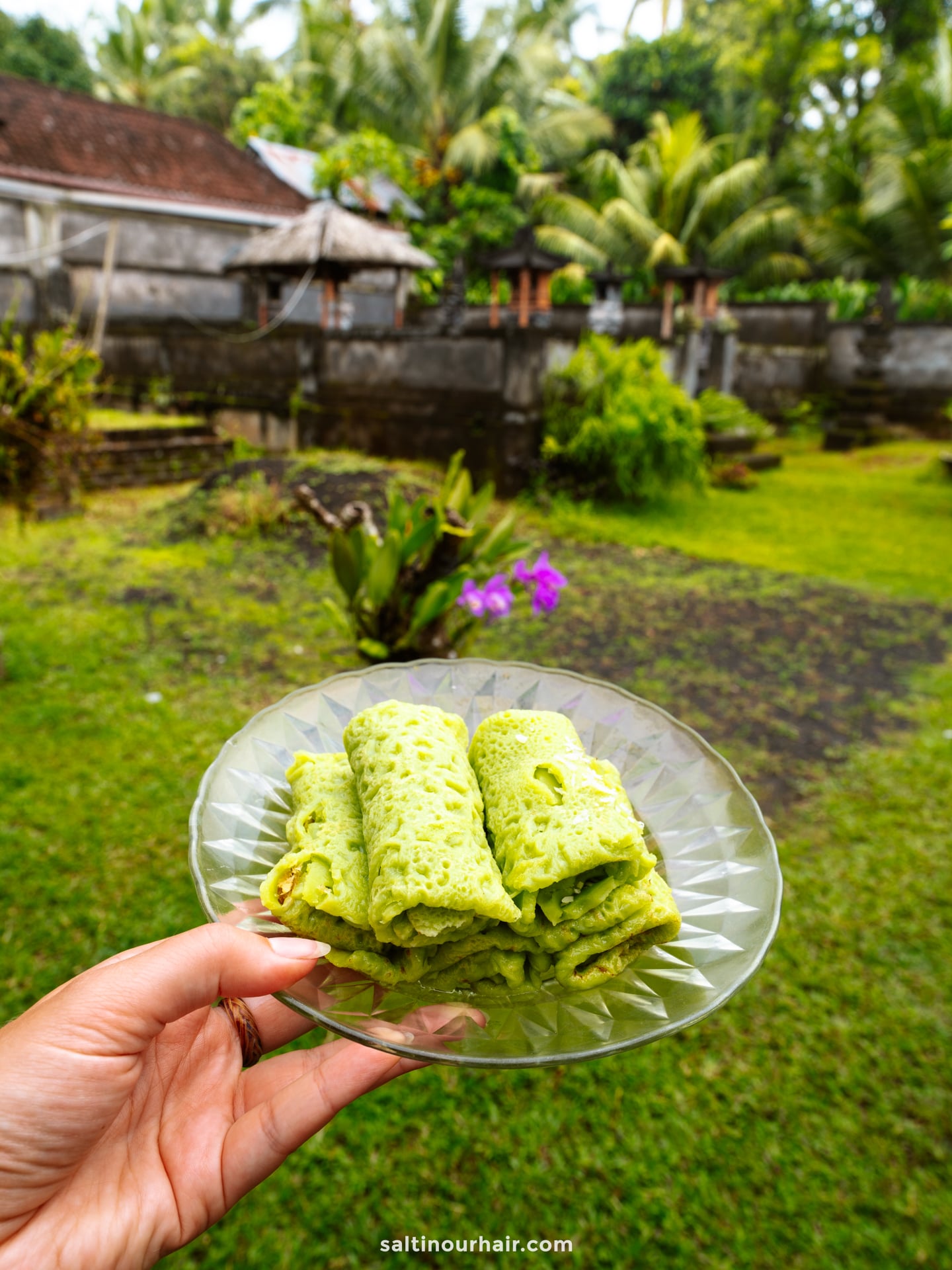 A hand holds a glass plate with three green rolled pancakes outdoors, set against a garden and traditional buildings&mdash;perfect for experiencing local flavors during a Bali cultural tour.