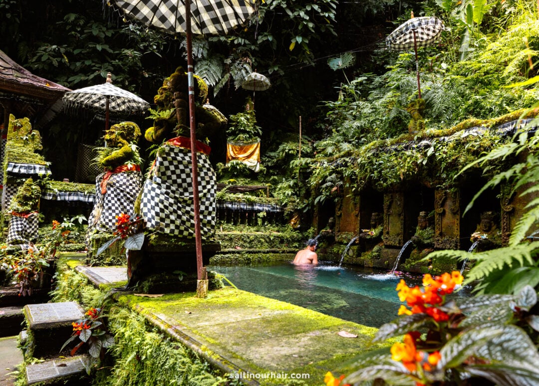 A man bathes in a stone pool surrounded by lush greenery, moss-covered statues, and checkered umbrellas at a Balinese water temple&mdash;a serene moment often experienced on a Bali cultural tour.