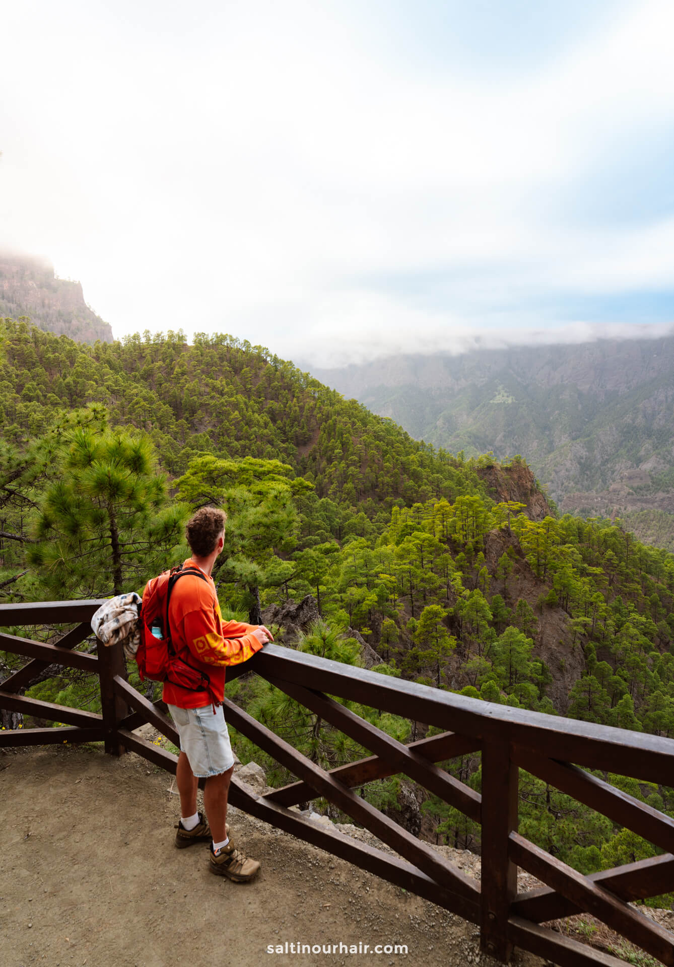 A person with a red backpack stands at a wooden railing, overlooking the lush valleys and distant mountains of La Palma in the Canary Islands under a cloudy sky—an inspiring scene from any travel guide.