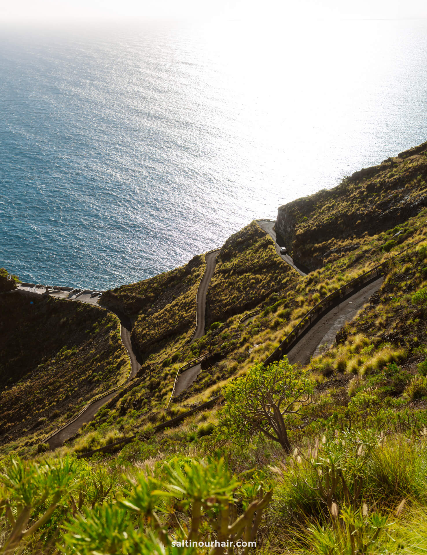 A winding road zigzags down a steep, grassy hillside toward the ocean on La Palma, with sunlight reflecting off the water—a scene straight from a Canary Islands travel guide.