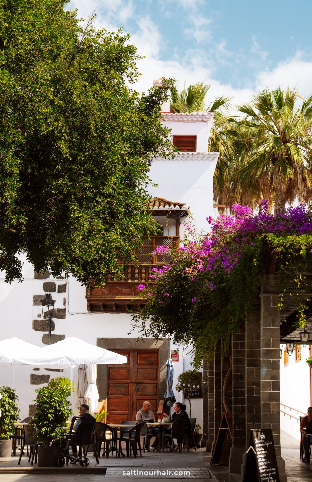 People sit at tables under umbrellas in a shaded outdoor café on La Palma, surrounded by greenery and blooming flowers, with a white building and palm trees in the background—a perfect scene from any Canary Islands travel guide.