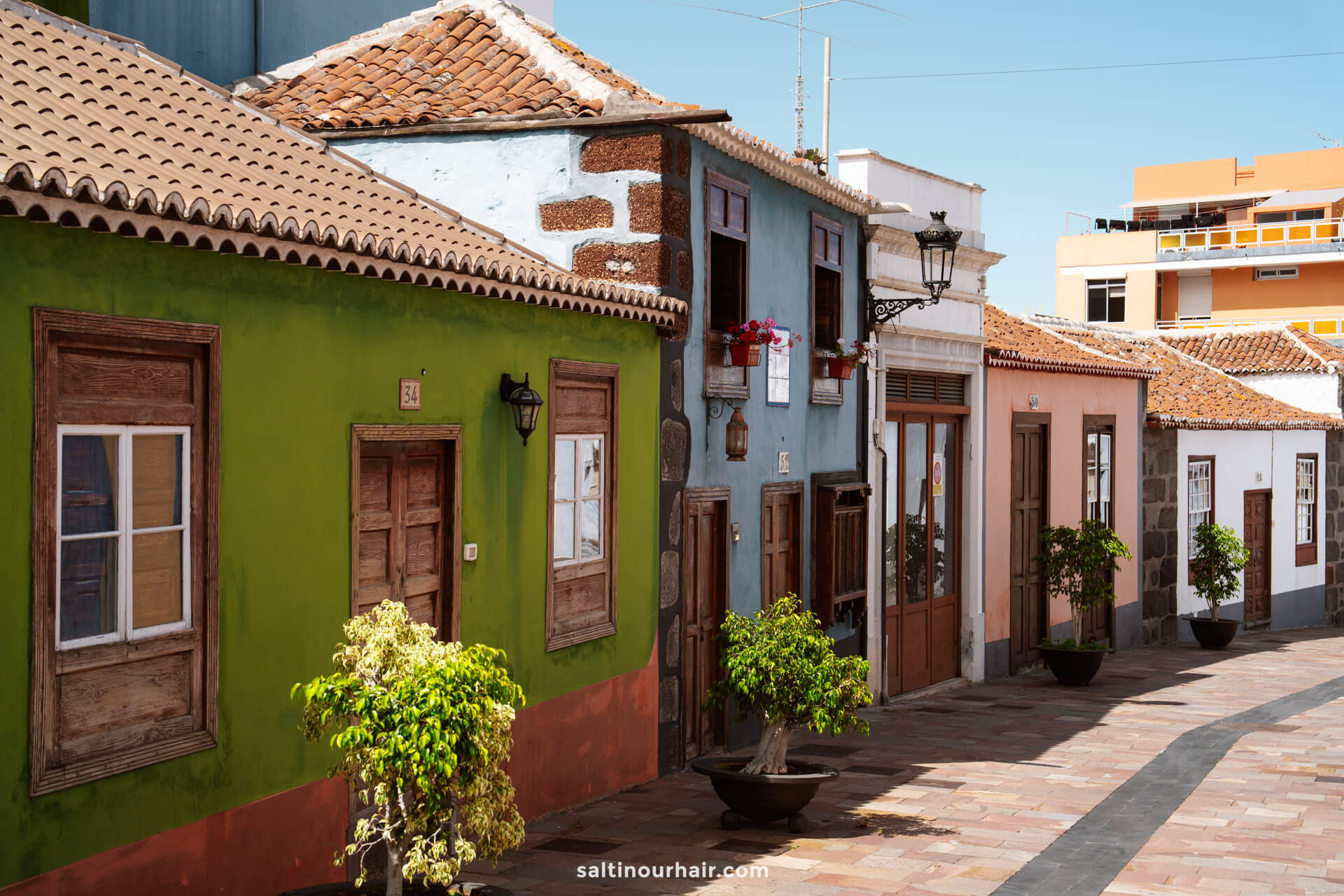 A row of colorful, old-style houses with wooden doors and windows lines a sunny, paved street with potted trees—an inviting scene straight from a La Palma travel guide in the Canary Islands.