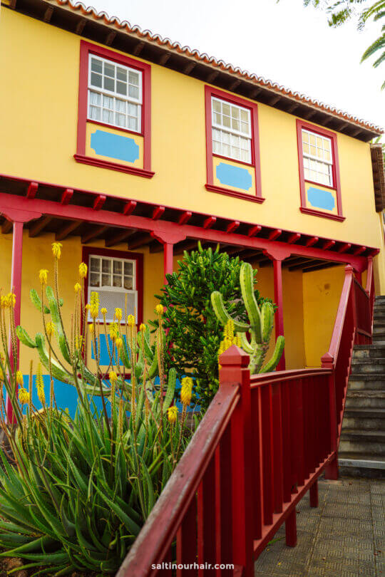 A yellow building with red trim features three windows, blue accents, and a red staircase surrounded by green cactus plants in front—a vibrant scene straight from a La Palma travel guide in the Canary Islands.