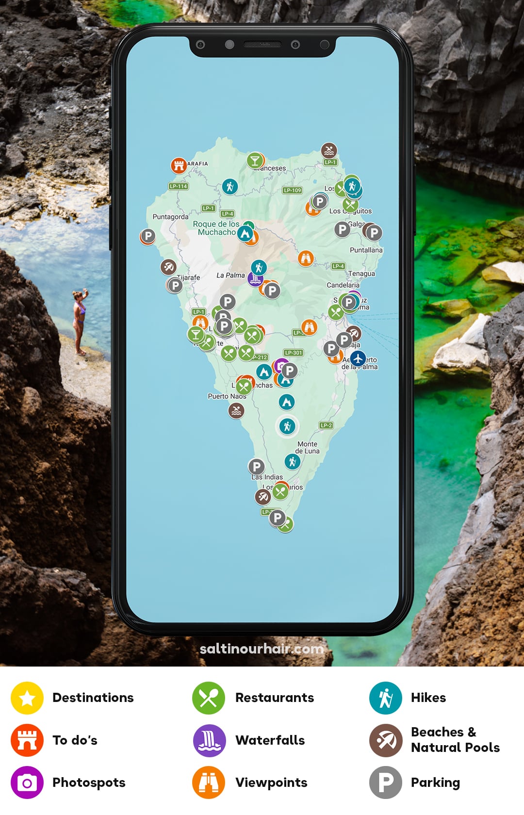 A smartphone screen displays a map of La Palma island marked with icons for destinations, restaurants, hikes, to-do’s, waterfalls, beaches, photo spots, viewpoints, and parking.